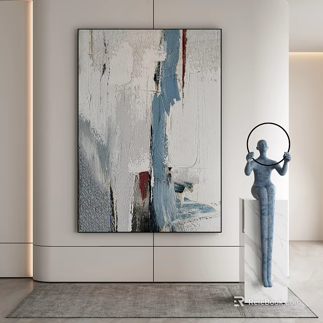 Modern Abstract Painting With Textured White Blue Gray Strokes In Interior With Blue Sculpture 3d model 