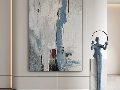 Modern Abstract Painting With Textured White Blue Gray Strokes In Interior With Blue Sculpture 3d model