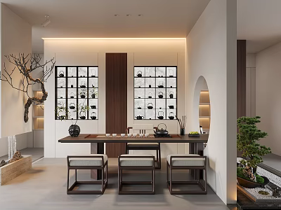 Modern Zen Tea Room Interior With Table Chairs Display Shelves And Plants 3d model