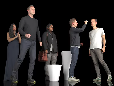 Group of People Standing Toasting Each Other Against Black Background With White Planters 3d model