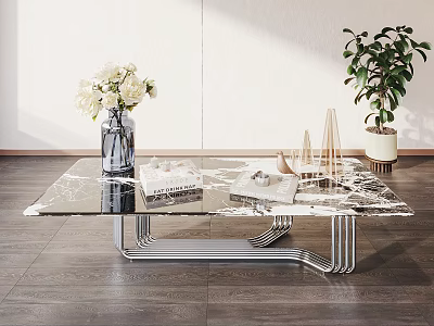 Sleek Glass Coffee Table With Marble Pattern Metal Frame White Flower Vase And Green Plant 3d model