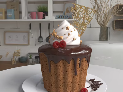 Chocolate Drizzle Cake Topped With Whipped Cream Chopped Nuts And Cherries On White Plate 3d model