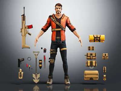 Male Adventurer Character With Companion Creature And Firearm Shovel Backpack Tools 3d model