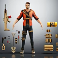 Male Adventurer Character With Companion Creature And Firearm Shovel Backpack Tools