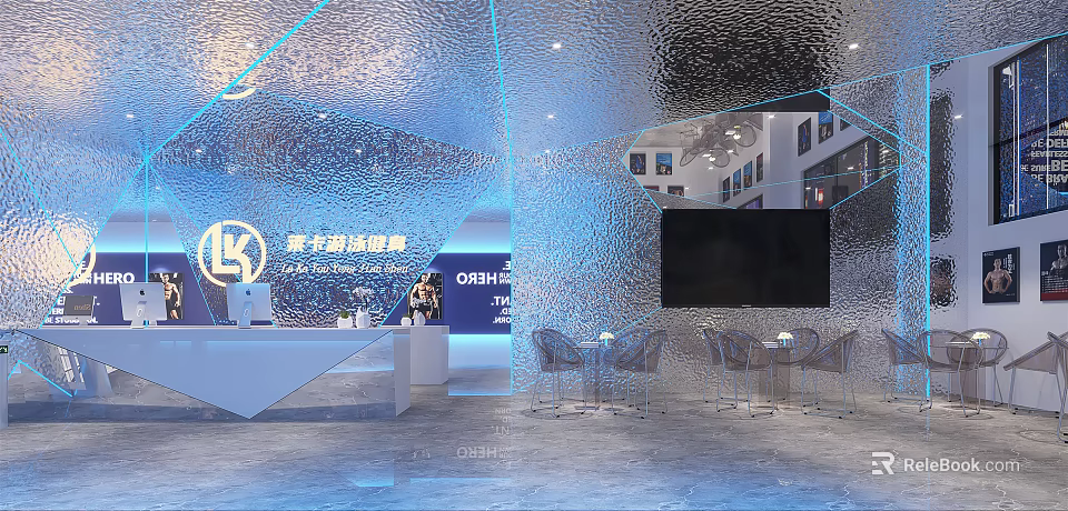 Modern Store Front Desk Laika Group Eyewear with OSBE Logo Silver Reflective Wall Transparent Chairs 3d model 