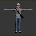 Man In White Cap Gray T-shirt Blue Jeans With Blue Shoulder Bag And Arms Outstretched