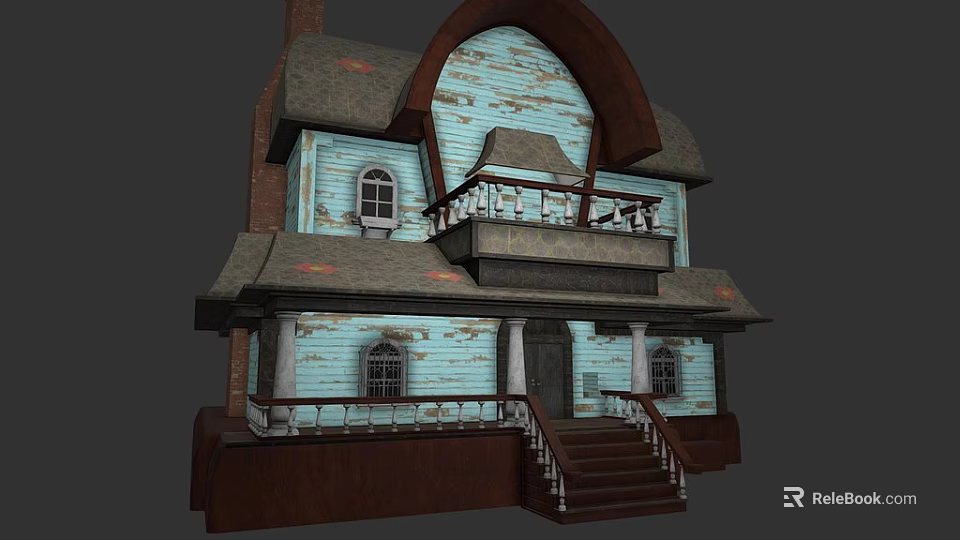Game and Movie Characters Living in Weathered Blue House With Brown Roof Balcony and Staircase 3d model 