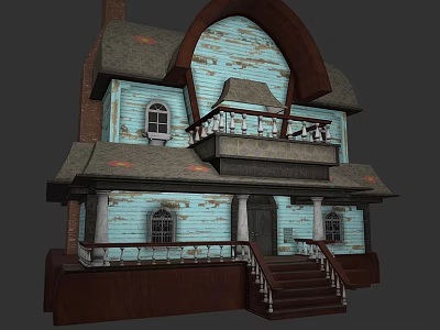 Game and Movie Characters Living in Weathered Blue House With Brown Roof Balcony and Staircase 3d model