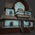 Game and Movie Characters Living in Weathered Blue House With Brown Roof Balcony and Staircase