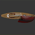 Sailboat Model With Red and Gray Sails Wooden Hull and Red Stand on Gray Background
