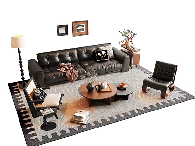 Modern Leather Sofa Coffee Table Set With Rug Armchair Floor Lamp And Wall Art 3d model