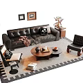 Modern Leather Sofa Coffee Table Set With Rug Armchair Floor Lamp And Wall Art