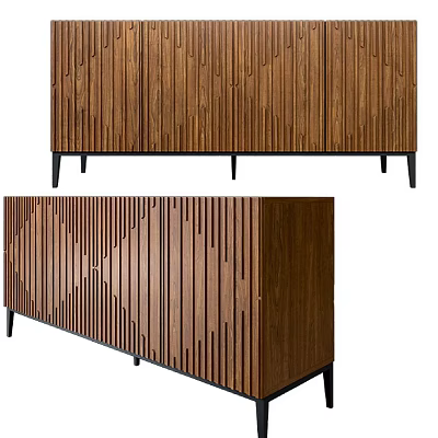 Modern Wooden Entryway Cabinet Sideboard With Vertical Slat Design And Black Metal Legs 3d model