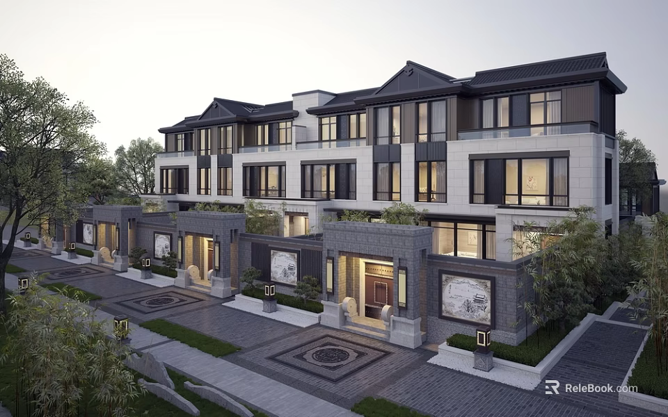 Chinese Modern Townhouses Exterior Design With Courtyard Stone Pathway Greenery And Large Windows 3d model 