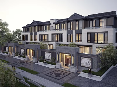 Chinese Modern Townhouses Exterior Design With Courtyard Stone Pathway Greenery And Large Windows 3d model