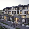 Chinese Modern Townhouses Exterior Design With Courtyard Stone Pathway Greenery And Large Windows