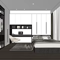 Modern Tatami Bedroom Interior With White Wardrobes Desk Chair And Window Curtains