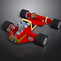 Red Toy Racing Car With Black Wheels Yellow Stripes And Silver Engine