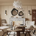 Modern Elegant Living Room With Beige Walls White Chandelier Marble Fireplace And Round Mirrors