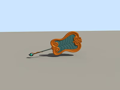Ornate Decorative Weapon With Orange Curved Frame Green Leaf Pattern And Blue Gemstone Tip 3d model