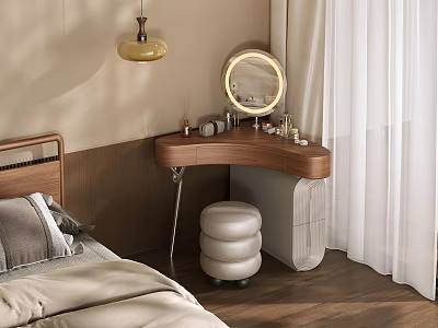 Modern Dressing Table with Round Lighted Mirror Padded Stool and Cosmetics in Bedroom 3d model