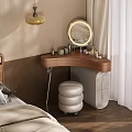 Modern Dressing Table with Round Lighted Mirror Padded Stool and Cosmetics in Bedroom