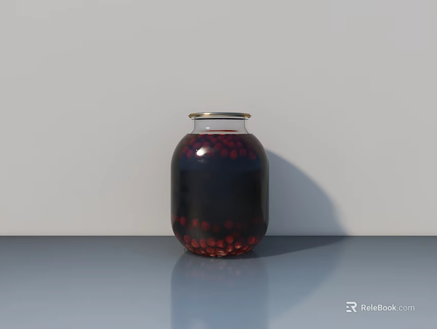 Hand Carved Glass Jar Sculpture With Dark Liquid And Red Particles On Gray Countertop 3d model 