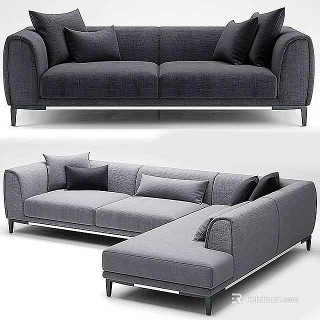 Spacious Modern Gray Sectional Sofa With Comfortable Cushions And Metal Legs 3d model