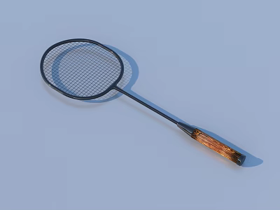 Black Badminton Racket With String Net Frame And Wooden Handle For Daily Use 3d model