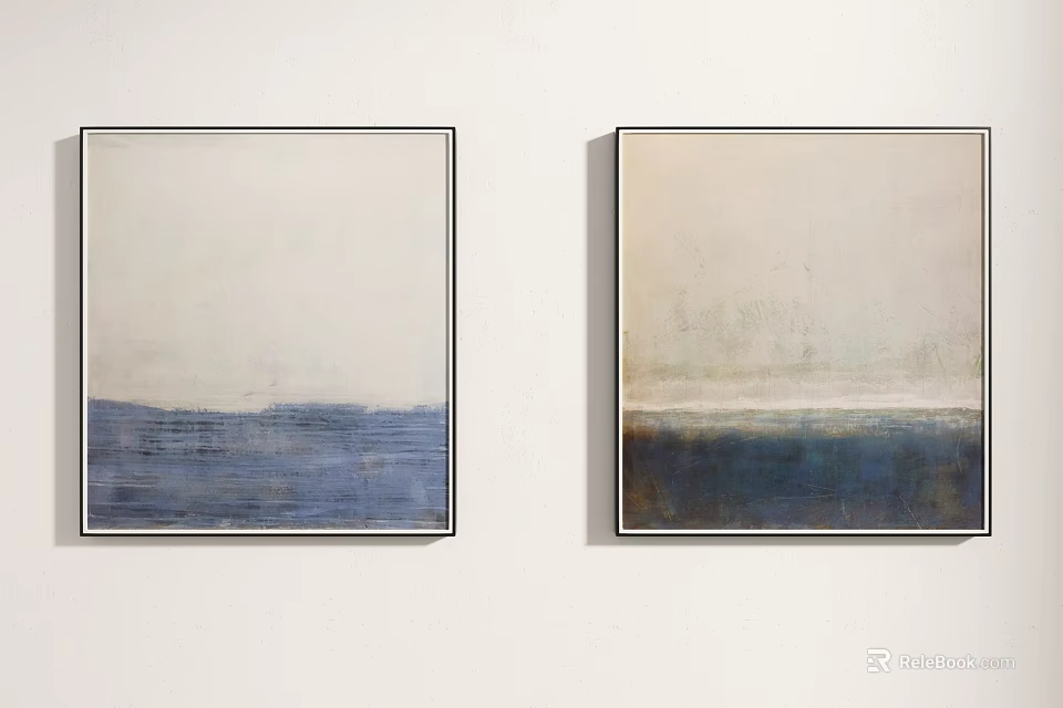 Two Abstract Wall Paintings With Blue Beige Gradient And Black Frames On White Wall 3d model
