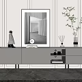 Modern Gray TV Stand With Decorative Painting Table Lamp Vases And Plant On Paneled Wall