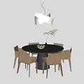 Round Black Dining Table with Six Beige Chairs Green Plant Under Modern White Pendant Light