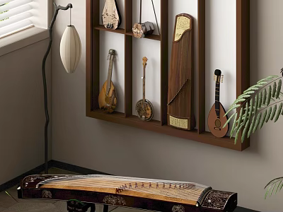 Wooden Wall Mounted Shelf Displaying Traditional Musical Instruments with Guzheng and Pipa in Interior Decor 3d model