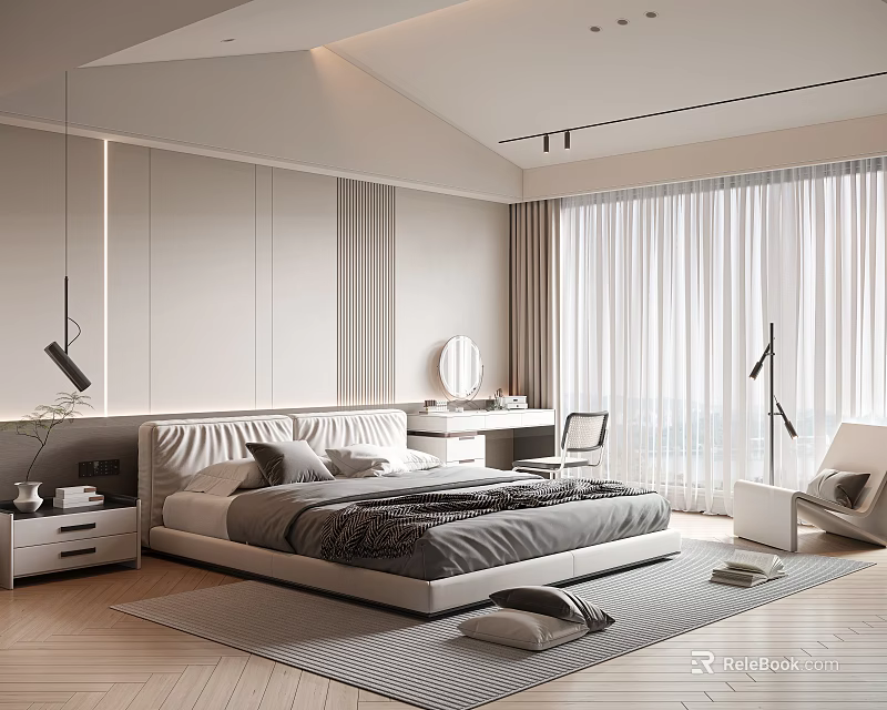 Modern Bedroom Interior Design With Bed Bedside Tables Dressing Table Mirror And Large Window Curtains 3d model 