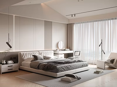 Modern Bedroom Interior Design With Bed Bedside Tables Dressing Table Mirror And Large Window Curtains 3d model