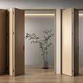 Open Wooden Folding Doors Sleek Designed In Modern Interior With Green Plant And Wood Floor
