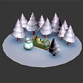 Cartoon Winter Scene With Snowy Trees Snowman And Sled With Cute Characters
