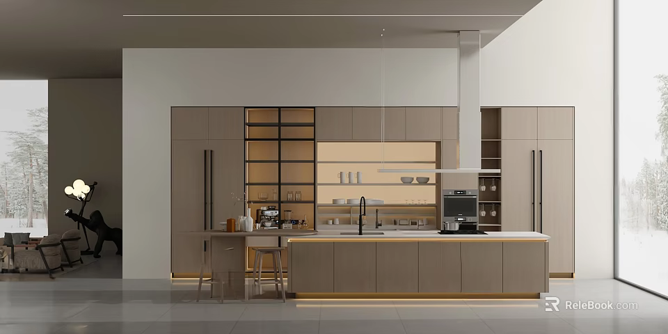 Modern Kitchen Interior With Built in Appliances Island Counter And Pendant Lights 3d model 