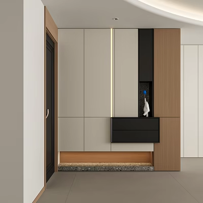 Modern Minimalist Entryway Shoe Cabinet With Wood Finish Ambient Light Strip And Floating Storage Drawers 3d model