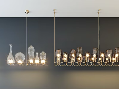 Modern Unique Shaped Glass Chandeliers With Metal Frame And Illuminated Bulbs 3d model