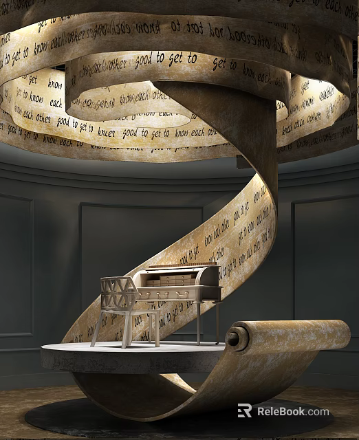 Spiral Display Shelf With Ancient Texts And Scroll In Elegant Exhibition Space 3d model