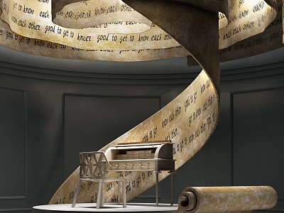 Spiral Display Shelf With Ancient Texts And Scroll In Elegant Exhibition Space 3d model