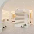 Bright White Fashion Store Interior With Arched Doorways Staircase And Display Shelves
