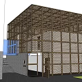 Modern Museum Building Exterior With Wooden Lattice Gray Brick Wall And Circular Emblem