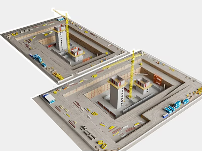 Active Construction Site Featuring Cranes High Rise Buildings Trucks And Equipment 3d model