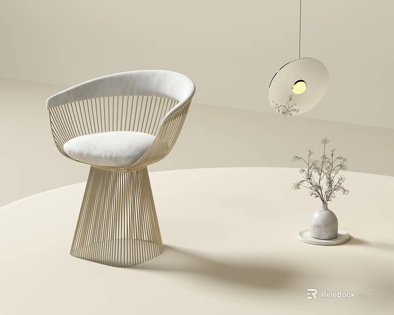 Modern Wicker Stool with White Cushion in Minimalist Room with Hanging Lamp and Vase 3d model 