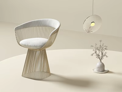 Modern Wicker Stool with White Cushion in Minimalist Room with Hanging Lamp and Vase 3d model