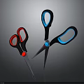 Two Crossed Scissors With Red And Blue Handles And Metal Blades On Dark Background