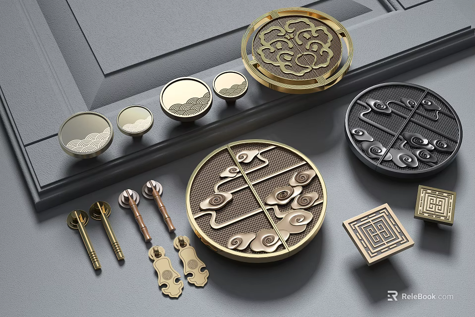 Ornate Cabinet Handles Featuring Traditional Chinese Patterns in Gold and Black Metal 3d model 