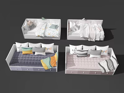 Various Stylish Bed Designs With Mattresses Pillows And Colorful Quilts 3d model